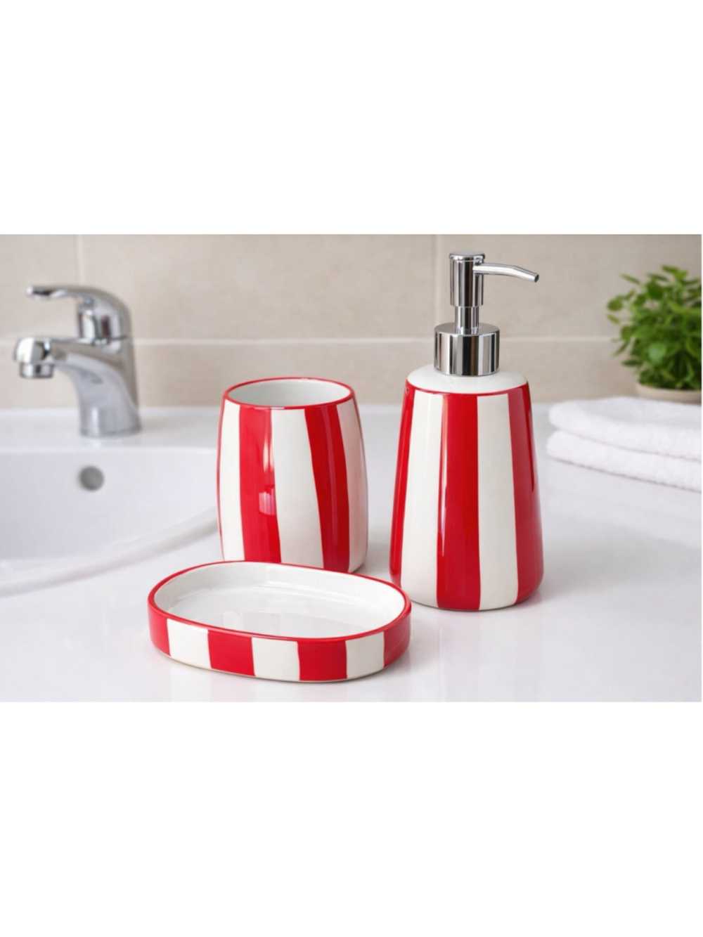 3-Piece Red White Stripe Bathroom Accessory Set Soap Dish Tumbler Dispenser